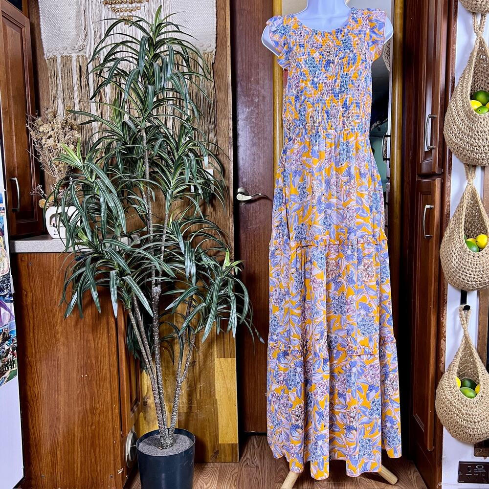 Anthro Melloday Maxi Dress Women M Floral Smocked Tiered Ruffle Orange Blue Boho